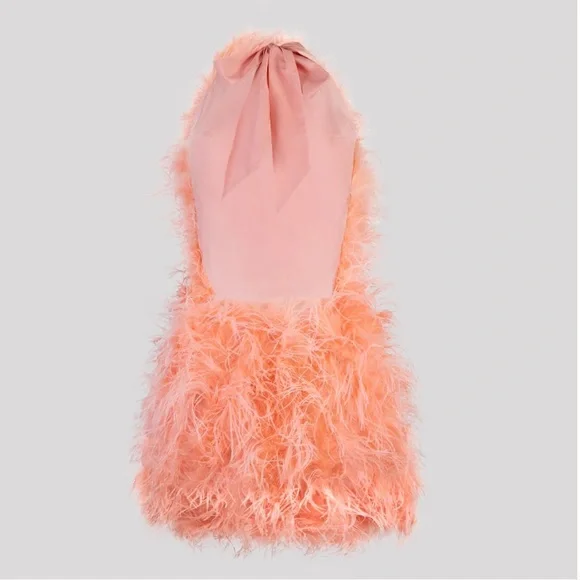 SAFFIYYAH PAUL Ostrich Feather Peach High Neck Open Back Mini Dress M/L Backless